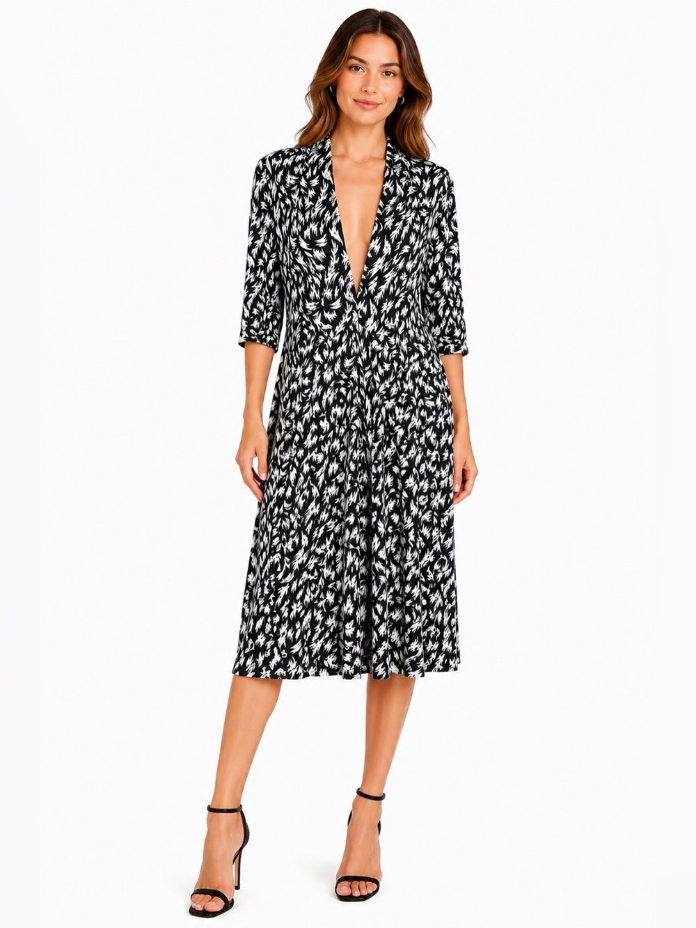 Derek Lam Print Midi Dress Black White V Neck‎ Fit Flare Modern Minimalist SZ 10
